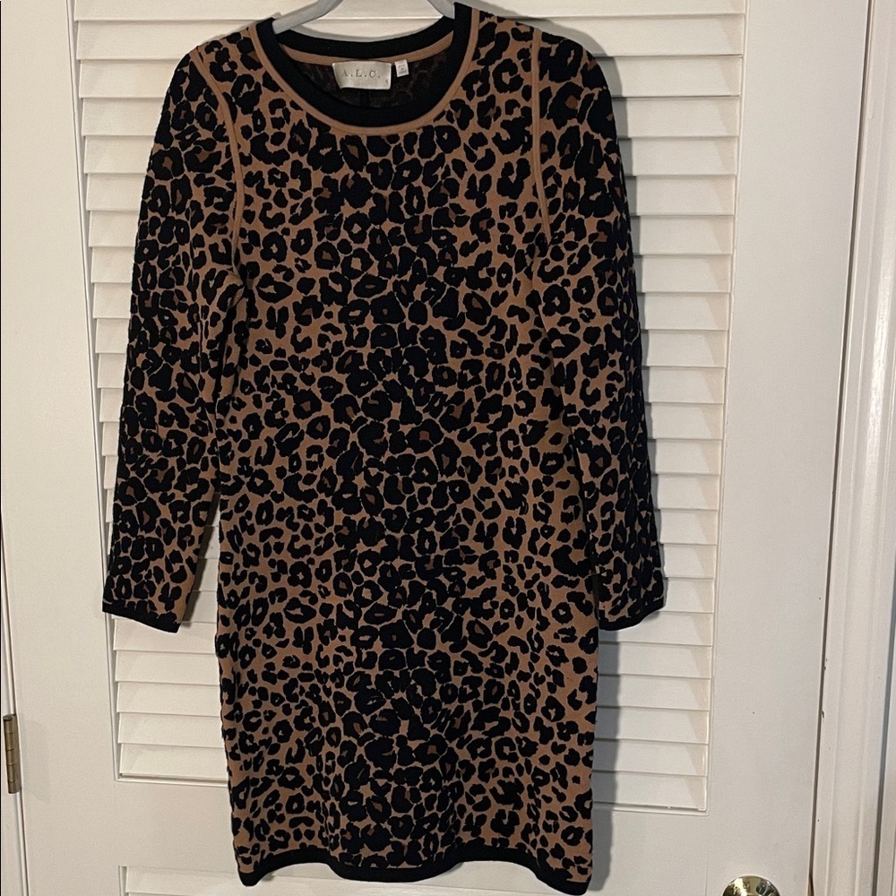 A.L.C. Ran and Black Leopard Print Knit and Flattering Fitted Long Sleeve Dress